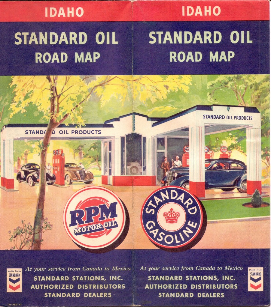 This same scene appeared on many different state maps. Notice the circular logos for RPM Motor Oil and Standard Gasoline. I have a Montana map with the same illustration but the brands are RPM Motor Oil and Calso Gasoline rather than Standard.